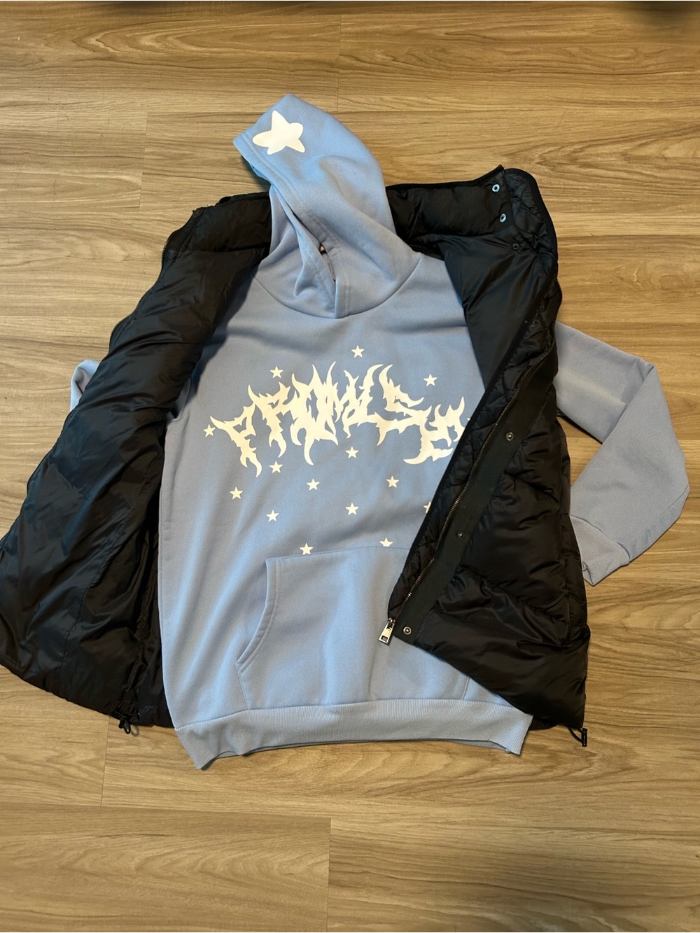 Zara Black Puffer Vest with Light Blue Hoodie Layer S/M